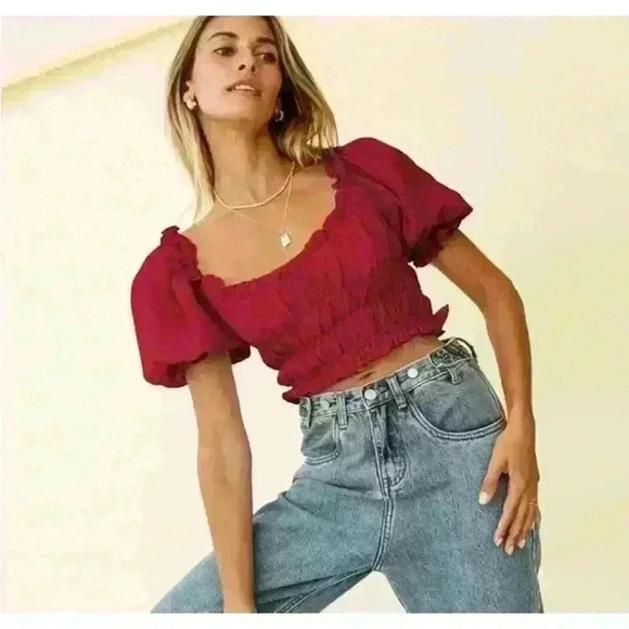 Dark Red Square Neck Ruffled Lantern Sleeve Cropped Top NWT Size L - Picture 1 of 10